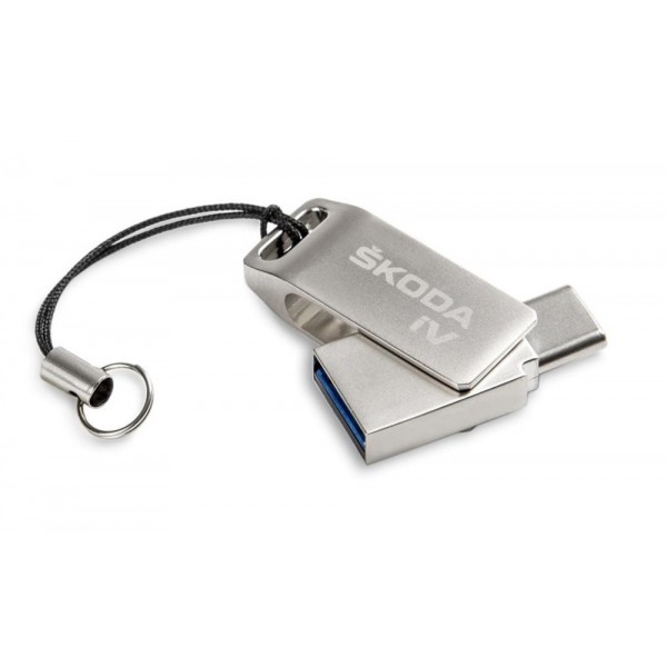 Duálny USB Škoda iV original s konektorom USB-C a USB-A (kapacita 32 GB) - strieborný