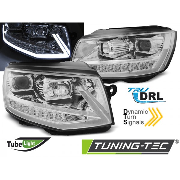 VW T6 15- - predné chrom svetlá TUBE LIGHT s LED denným svietením a dynamickým blinkerom