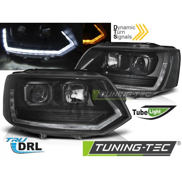 VW T5 10-15 - predné čierna svetlá s LED denným svietením a dynamickým blinkerom T6 look