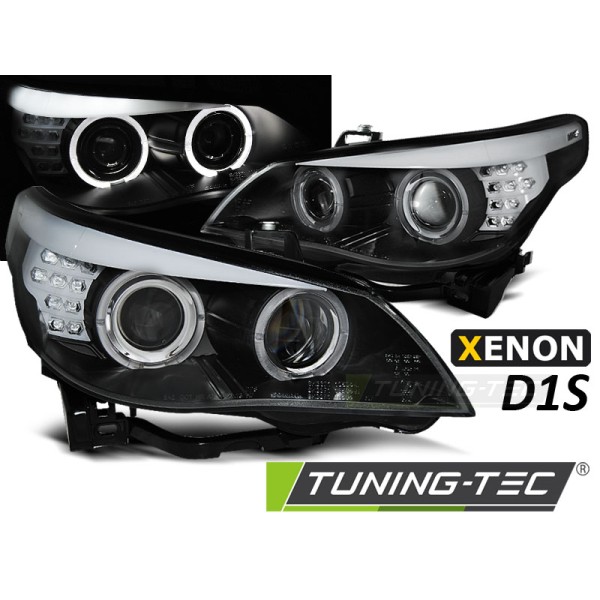 BMW E60/E61 2005-2007 - predné xenónové D1S svetlá s angel eyes ČIERNA