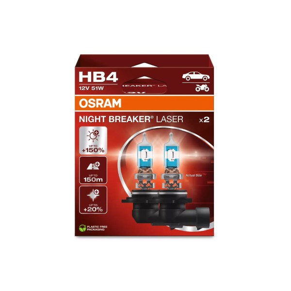OSRAM NIGHT BREAKER LASER autožiarovky HB4 - o 150% viac svetla, 2 ks v balení