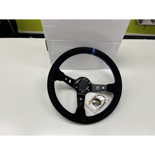 Športový trojramenný volant čierny s modrým prešitím s logom