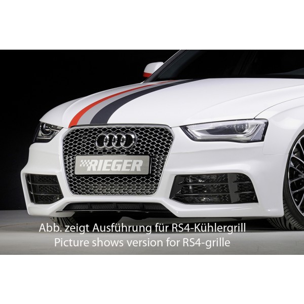 Rieger kompletný predný nárazník pro Audi A4 B8, B81 avant, sedan po faceliftu, plast ABS bez povrchovej úpravy, pro masku A4/S4, pro vozy bez ostřikovačů světlometů a parkovacího asistenta (PDC)
