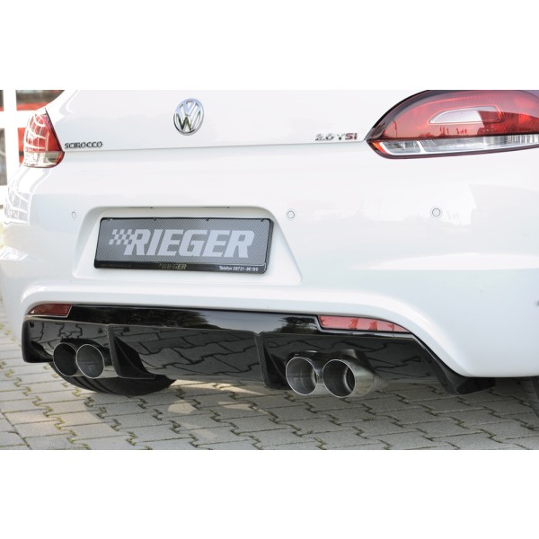 Rieger vložka zadného nárazníka pre R-Line zadný nárazník pre Volkswagen Scirocco 3 13 2-dver. vr. faceliftu, plast ABS lakovaný do čiernej lesklej farby, pre dvojité koncovky na oboch stranách 4x90 mm