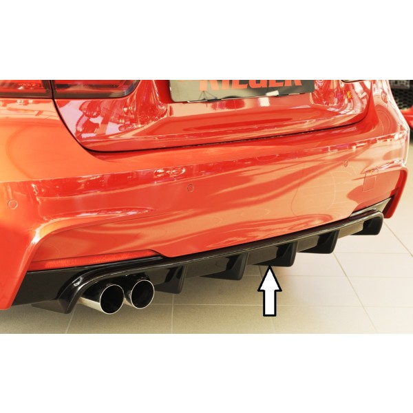 Rieger vložka zadného nárazníka pre BMW rad 3 F30, F31 sedan, touring vr. faceliftu, plast ABS lakovaný do čiernej lesklej farby, pre orig. dvojitú koncovku vľavo