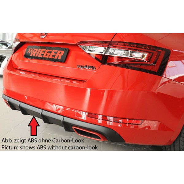 Rieger vložka zadného nárazníka pre Škoda Superb III 3T, 3V combi, sedan vr. faceliftu, plast ABS s povrchovou úpravou Carbon-Look, 2.0 TSI (200/206kW), pro vozy bez tažného zařízení