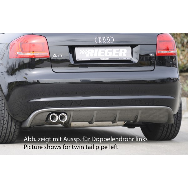 Rieger vložka zadného nárazníka pre Audi A3 8P 3-dver., kabriolet po faceliftu, plast ABS s povrchovou úpravou Carbon-Look, pre orig. koncovku vliavo
