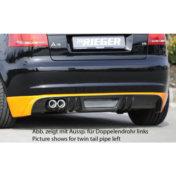 Rieger spojler pod zadný nárazník pre Audi A3 8P 3-dver., kabriolet po faceliftu r.v. 07/08-, plast ABS s povrchovou úpravou Carbon-Look, pre dvojité koncovky na oboch stranách