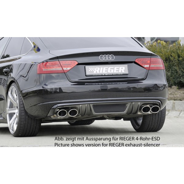 Rieger vložka zadného nárazníka pre Audi A5 B8, B81 Sportback pred faceliftom, plast ABS s povrchovou úpravou Carbon-Look, mimo S-Line, pre orig. koncovky na oboch stranách