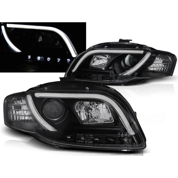 Audi A4 04-09 - predné čierna svetlá s LED svietením TUBE LIGHTS