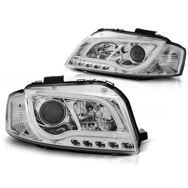 Audi A3 8P 03-08 - predné chrom svetlá s LED denným svietením TUBE LIGHTS