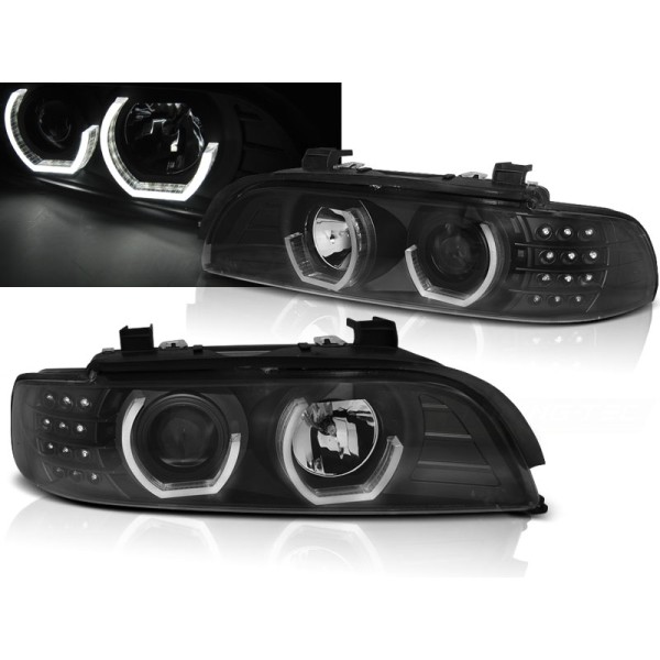 BMW E39 95-03 - predné čierna svetlá s ANGEL EYES 3D a LED smerovky