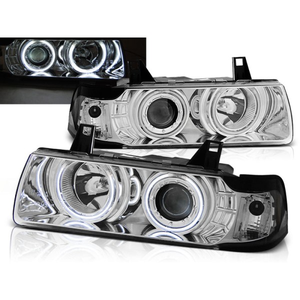 BMW E36 90-99 SEDAN, KOMBI, COMPACT - predné chrom svetlá s ANGEL EYES CCFL