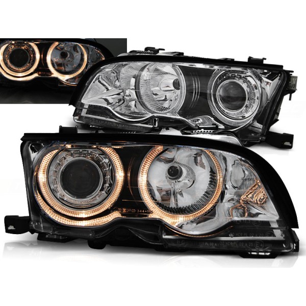 BMW E46 01-03 COUPE CABRIO - predné chrom svetlá s ANGEL EYES