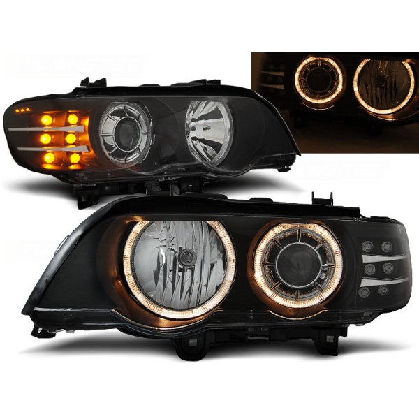 BMW X5 E53 99-03 - predné čierna svetlá ANGEL EYES a LED smerovky pre xenon
