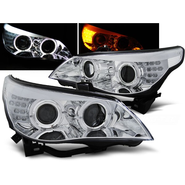 BMW E60 / E61 03-07 - predné chrom svetlá s ANGEL EYES a LED smerovky