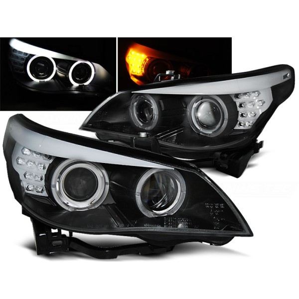 BMW E60 / E61 03-07 - predné čierna svetlá s ANGEL EYES a LED smerovky