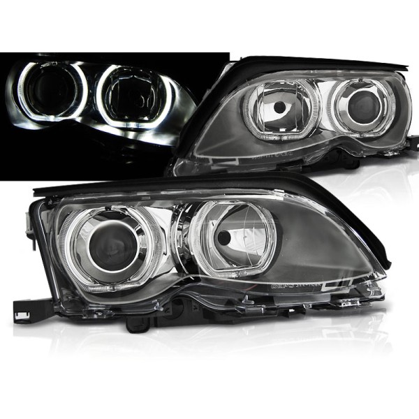 BMW E46 01-05 SEDAN, KOMBI - predné chrom svetlá s ANGEL EYES LED