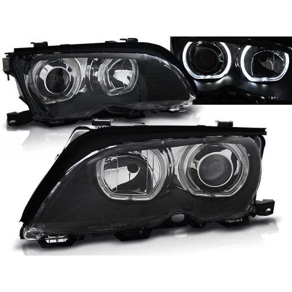 BMW E46 01-05 SEDAN, KOMBI - predné čierna svetlá s ANGEL EYES