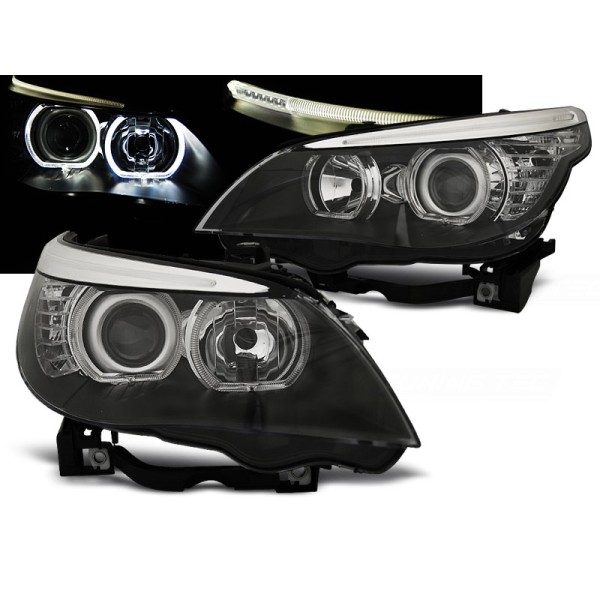 BMW E60 / E61 03-07 - predné čierna svetlá s ANGEL EYES LED