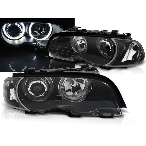 BMW E46 99-03 COUPE CABRIO - predné čierna svetlá s ANGEL EYES LED
