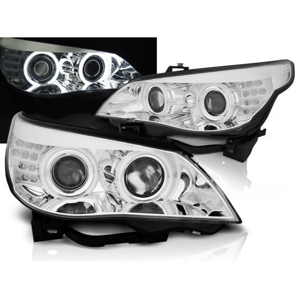 BMW E60 / E61 03-07 - predné chrom svetlá s ANGEL EYES CCFL a LED smerovky