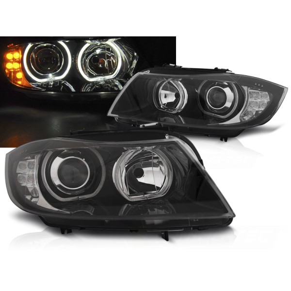 BMW E90 / E91 05-11 - predné čierna svetlá s ANGEL EYES s LED blikačom