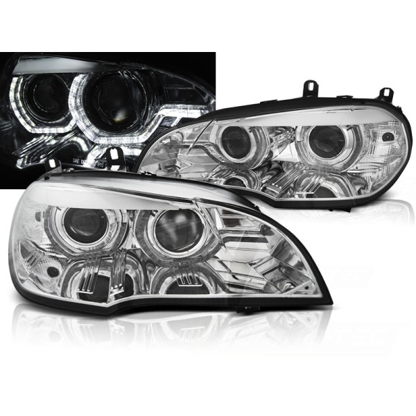 BMW X5 E70 07-10 - predné chrom svetlá AFS ANGEL EYES a denným svietením pre xenon