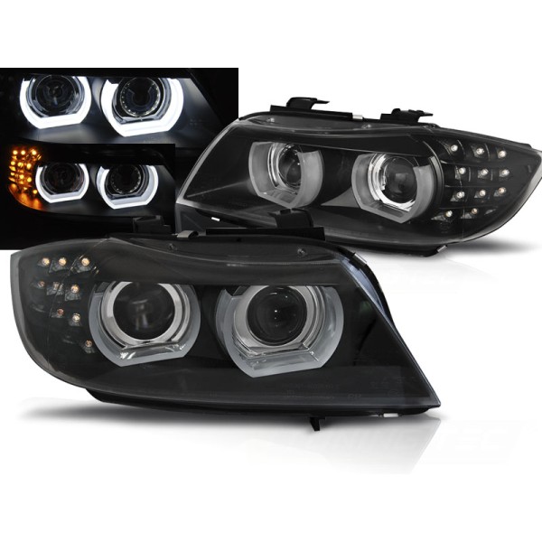 BMW E90 / E91 09-11 - predné čierna svetlá s ANGEL EYES 3D s LED blikačom pre xenon