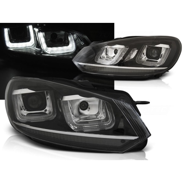 VW GOLF 6 08-12 - predné čierna svetlá s LED denným svietením U-TYPE a chróm linkou
