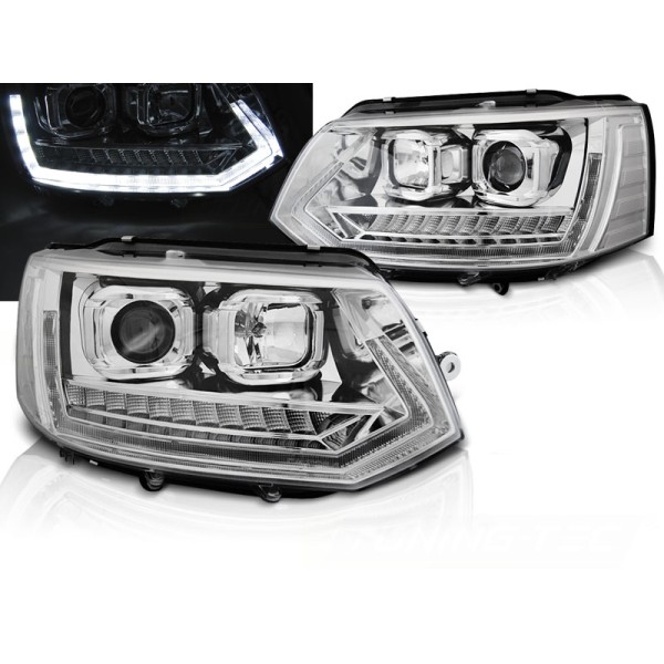 VW T5 10-15 - predné chrom svetlá s LED denným svietením a dynamickým blinkerom T6 look