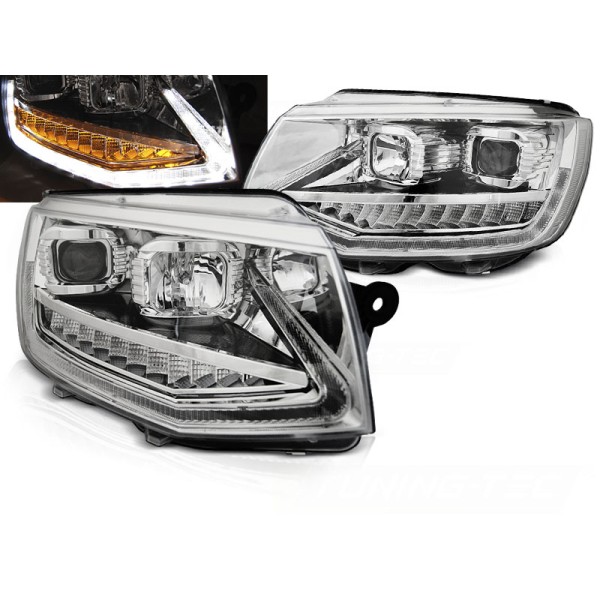 VW T6 15- - predné chrom svetlá TUBE LIGHT s LED denným svietením a dynamickým blinkerom