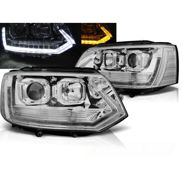 VW T5 10-15 - predné chrom svetlá s LED denným svietením a dynamickým blinkerom T6 look