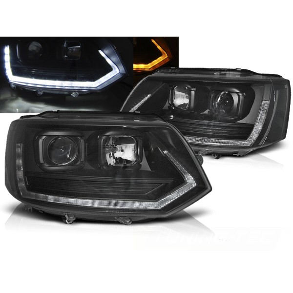 VW T5 10-15 - predné čierna svetlá s LED denným svietením a dynamickým blinkerom T6 look