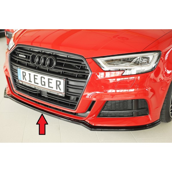 Audi A3 8V 3-dvere. (Convertible 8V7), 5-dvere. (Sedan 8VS) po facelifte, 09 / 16-, lipa pod predný nárazník, plast ABS lakovaný do čiernej lesklej farby, Rieger tuning