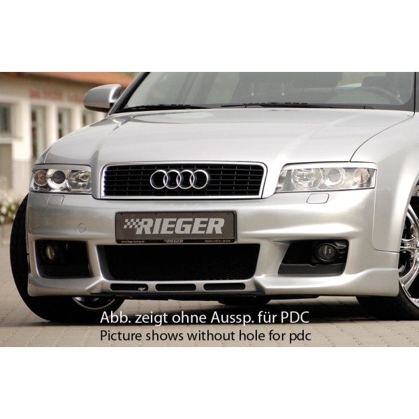 Rieger predný nárazník new Design pro Audi A4 8E avant, sedan, plast ABS bez povrchovej úpravy, s rebrovaním, pre vozidlá s parkovacím asistentom (PDC) a mlhovými světly