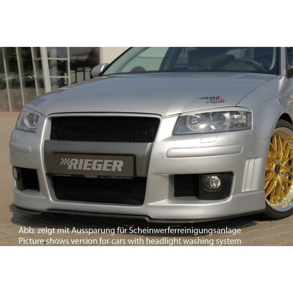 Rieger kompletný predný nárazník pro Audi A3 8P 3-dver. pred faceliftom, plast ABS bez povrchovej úpravy, s držáky a kryty originálních mlhových světel, vr. integrované masky, s rebrovaním, R-Frame vzhled