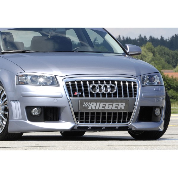 Rieger kompletný predný nárazník R-Frame pro Audi A3 8P 3-dver. pred faceliftom, plast ABS bez povrchovej úpravy, s držáky a kryty originálních mlhových světel, s rebrovaním, pro vozy s ostrekovačmi svetlometov
