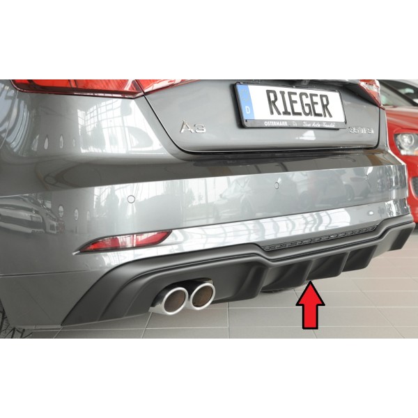 Rieger vložka zadného nárazníka pre Audi A3 8V 3-dver. (hatchback 8V1), 5-dver. (sportback 8VA) po faceliftu, plast ABS bez povrchovej úpravy, pre dvojitú koncovku vlevo