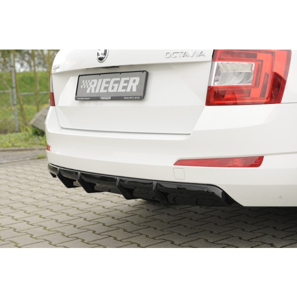 Rieger vložka zadného nárazníka pre Škoda Octavia 5E combi, sedan vr. faceliftu, plast ABS s povrchovou úpravou Carbon-Look, ABS plast: lakovaný do černé lesklé barvy, pre vozidlá: s parkovacím asistentom PDC