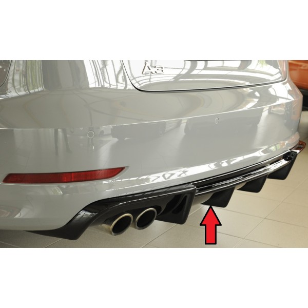Rieger vložka zadného nárazníka pre Audi A3 8V 3-dver. (convertible 8V7), 5-dver. (sedan 8VS) pred faceliftom, plast ABS lakovaný do čiernej lesklej farby, pre dvojitú koncovku vlevo