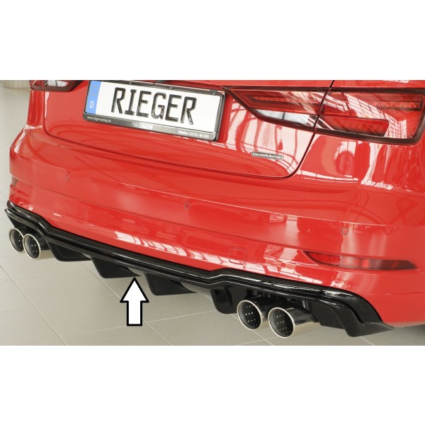 Rieger vložka zadného nárazníka pre Audi A3 8V 3-dver. (convertible 8V7), 5-dver. (sedan 8VS) po faceliftu, plast ABS lakovaný do čiernej lesklej farby, pre športové koncovky na oboch stranách 4x90 mm