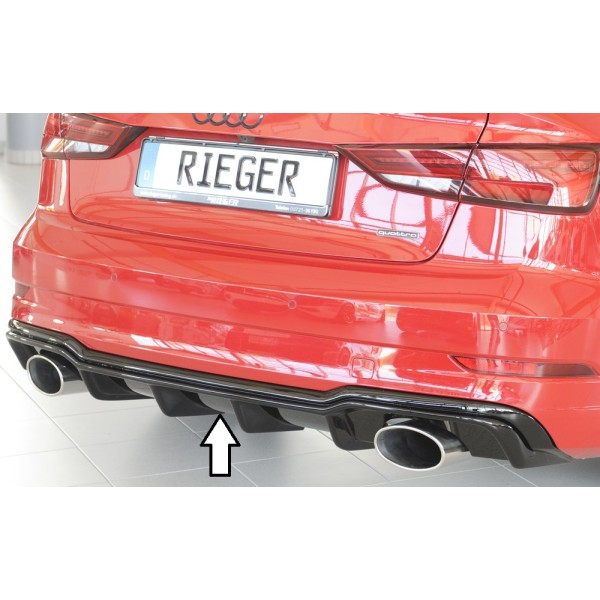 Rieger vložka zadného nárazníka pre Audi A3 8V 3-dver. (convertible 8V7), 5-dver. (sedan 8VS) po faceliftu, plast ABS lakovaný do čiernej lesklej farby, pre športové koncovky na oboch stranách 152x95 mm
