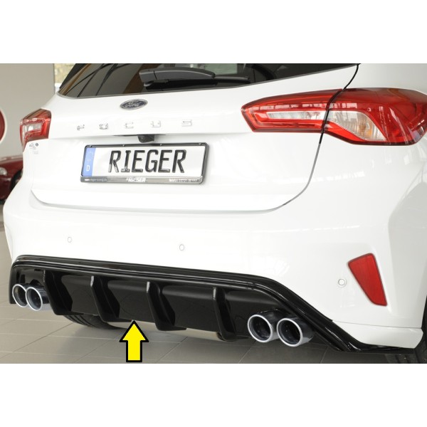 Rieger vložka zadného nárazníka pre Ford Focus 4 DEH, ST 5-dver. (hatchback), plast ABS lakovaný do čiernej lesklej farby, pre dvojité koncovky na oboch stranách 4x80 mm