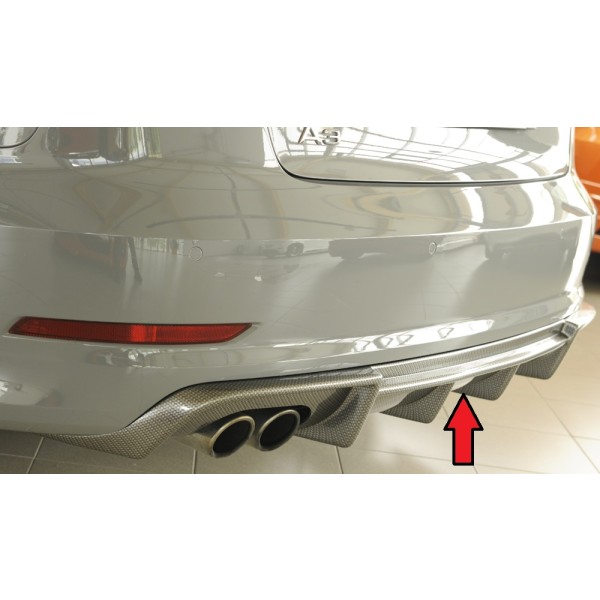 Rieger vložka zadného nárazníka pre Audi A3 8V 3-dver. (convertible 8V7), 5-dver. (sedan 8VS) pred faceliftom, plast ABS s povrchovou úpravou Carbon-Look, pre dvojitú koncovku vlevo