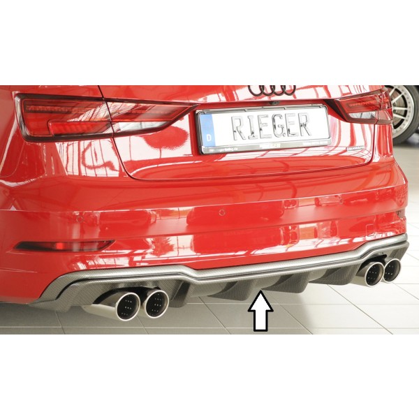 Rieger vložka zadného nárazníka pre Audi A3 8V 3-dver. (convertible 8V7), 5-dver. (sedan 8VS) po faceliftu, plast ABS s povrchovou úpravou Carbon-Look, pre športové koncovky na oboch stranách 4x90 mm