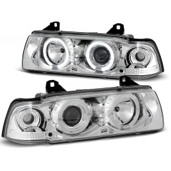BMW E36 90-99 COUPE, CABRIO - predné chrom svetlá s ANGEL EYES