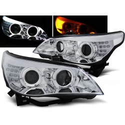 BMW E60 / E61 03-07 - predné chrom svetlá s ANGEL EYES a LED smerovky