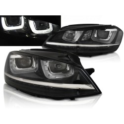 VW GOLF 7 12-17 - predné čierna svetlá s LED denným svietením U-TYPE a dynamickým blinkerom a chróm linkou